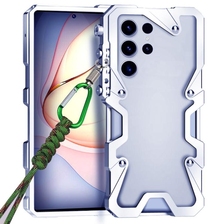 For Samsung Galaxy S23 Ultra 5G Trigger Design Hollow Metal Frame Phone Case with Lanyard