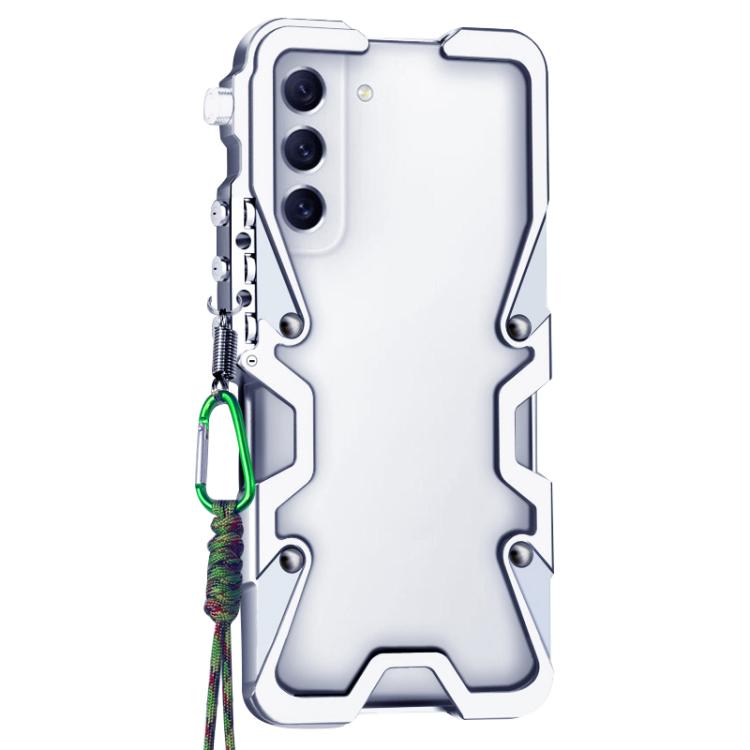 For Samsung Galaxy S21 FE 5G Trigger Design Hollow Metal Frame Phone Case with Lanyard