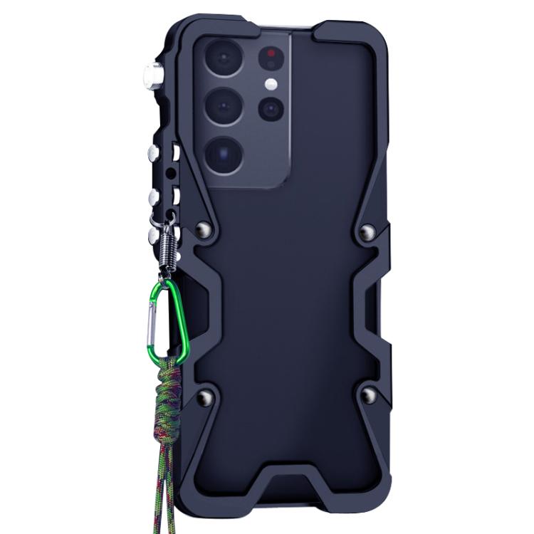 For Samsung Galaxy S21 Ultra 5G Trigger Design Hollow Metal Frame Phone Case with Lanyard