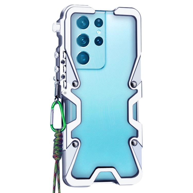For Samsung Galaxy S21 Ultra 5G Trigger Design Hollow Metal Frame Phone Case with Lanyard