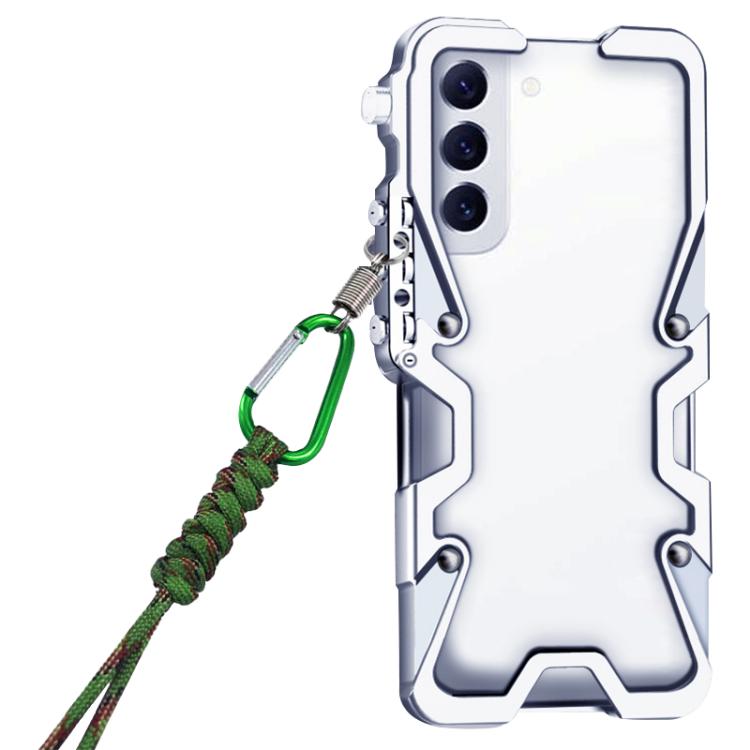 For Samsung Galaxy S22+ 5G Trigger Design Hollow Metal Frame Phone Case with Lanyard