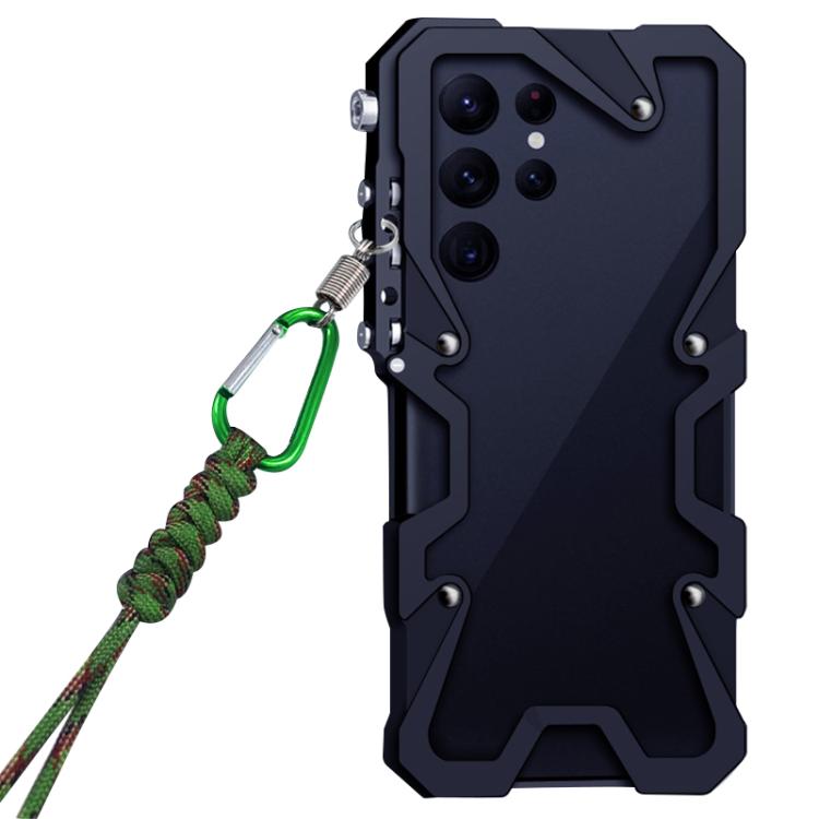 For Samsung Galaxy S22 Ultra 5G Trigger Design Hollow Metal Frame Phone Case with Lanyard