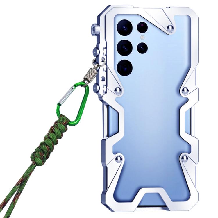 For Samsung Galaxy S22 Ultra 5G Trigger Design Hollow Metal Frame Phone Case with Lanyard