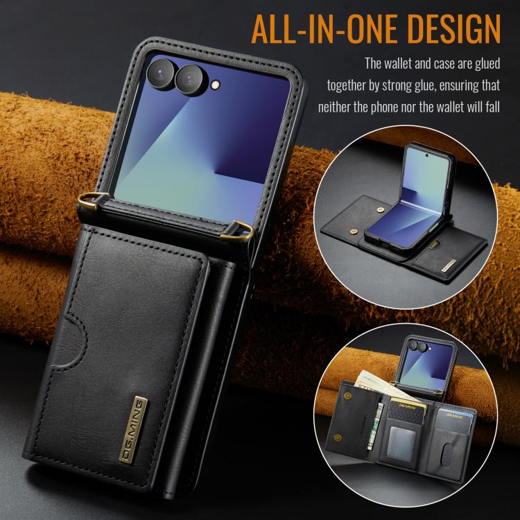 For Samsung Galaxy Z Flip7 5G DG.MING M6 Series RFID Tri-fold Card Bag Removable Leather Phone Case with Long Lanyard