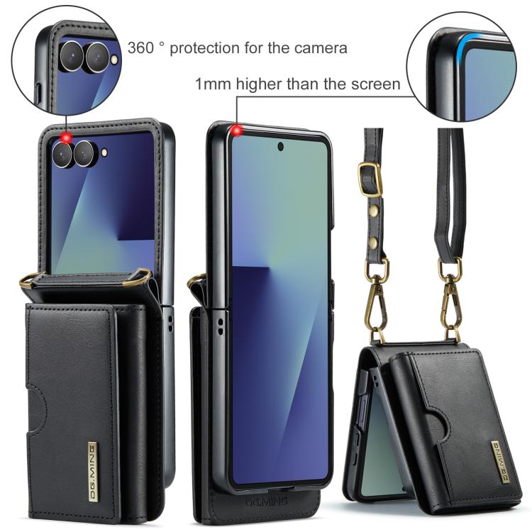 For Samsung Galaxy Z Flip7 5G DG.MING M6 Series RFID Tri-fold Card Bag Removable Leather Phone Case with Long Lanyard
