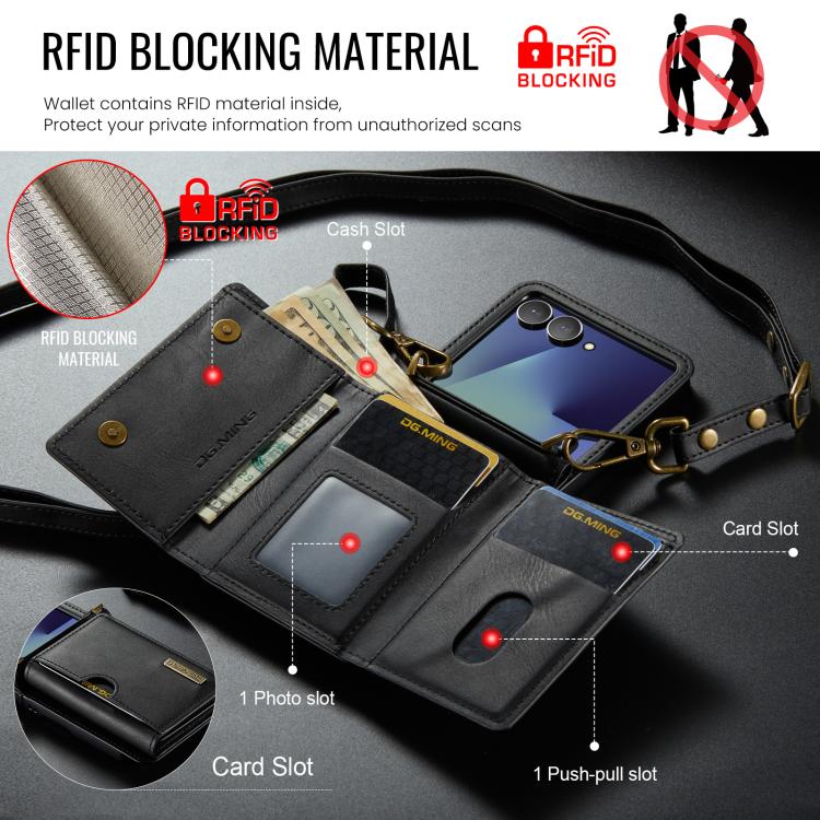 For Samsung Galaxy Z Flip7 5G DG.MING M6 Series RFID Tri-fold Card Bag Removable Leather Phone Case with Long Lanyard