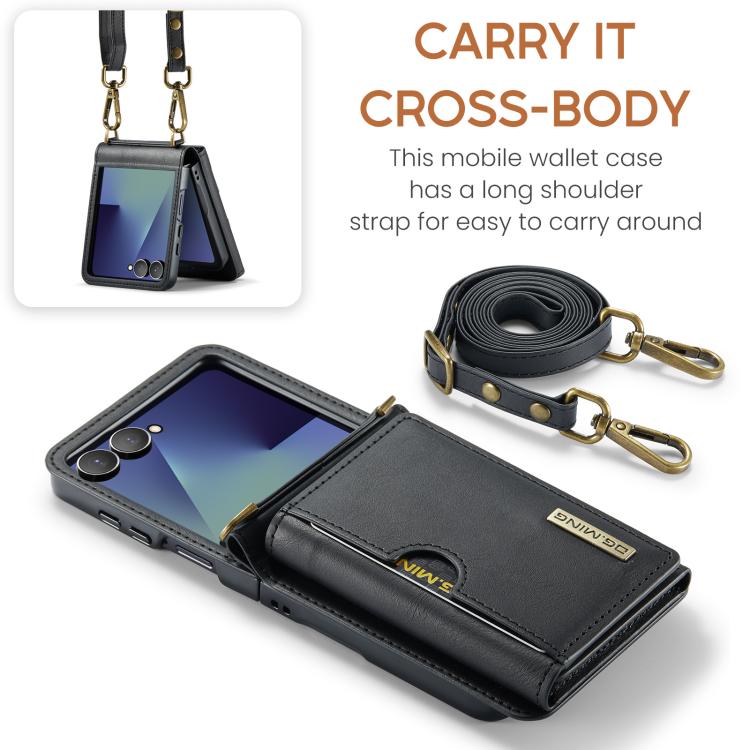 For Samsung Galaxy Z Flip7 5G DG.MING M6 Series RFID Tri-fold Card Bag Removable Leather Phone Case with Long Lanyard