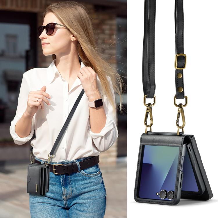 For Samsung Galaxy Z Flip7 5G DG.MING M6 Series RFID Tri-fold Card Bag Removable Leather Phone Case with Long Lanyard