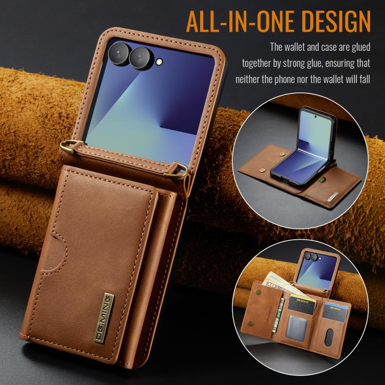 For Samsung Galaxy Z Flip7 5G DG.MING M6 Series RFID Tri-fold Card Bag Removable Leather Phone Case with Long Lanyard