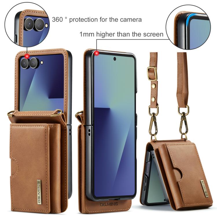 For Samsung Galaxy Z Flip7 5G DG.MING M6 Series RFID Tri-fold Card Bag Removable Leather Phone Case with Long Lanyard