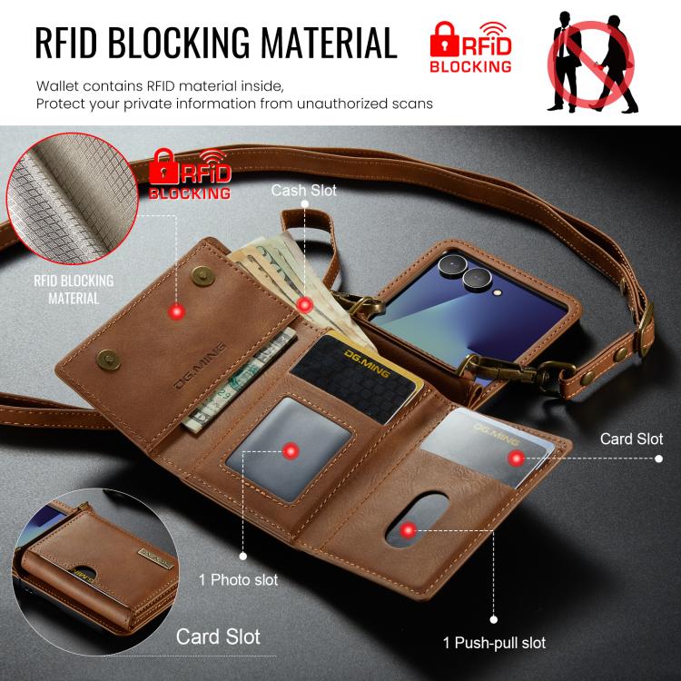 For Samsung Galaxy Z Flip7 5G DG.MING M6 Series RFID Tri-fold Card Bag Removable Leather Phone Case with Long Lanyard