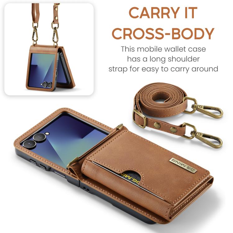 For Samsung Galaxy Z Flip7 5G DG.MING M6 Series RFID Tri-fold Card Bag Removable Leather Phone Case with Long Lanyard