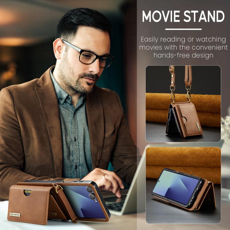 For Samsung Galaxy Z Flip7 5G DG.MING M6 Series RFID Tri-fold Card Bag Removable Leather Phone Case with Long Lanyard