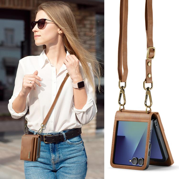 For Samsung Galaxy Z Flip7 5G DG.MING M6 Series RFID Tri-fold Card Bag Removable Leather Phone Case with Long Lanyard