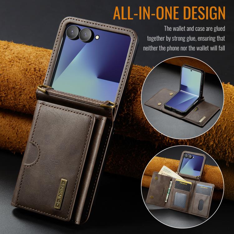 For Samsung Galaxy Z Flip7 5G DG.MING M6 Series RFID Tri-fold Card Bag Removable Leather Phone Case with Long Lanyard