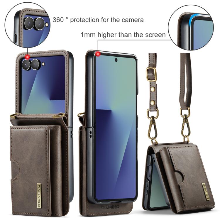 For Samsung Galaxy Z Flip7 5G DG.MING M6 Series RFID Tri-fold Card Bag Removable Leather Phone Case with Long Lanyard