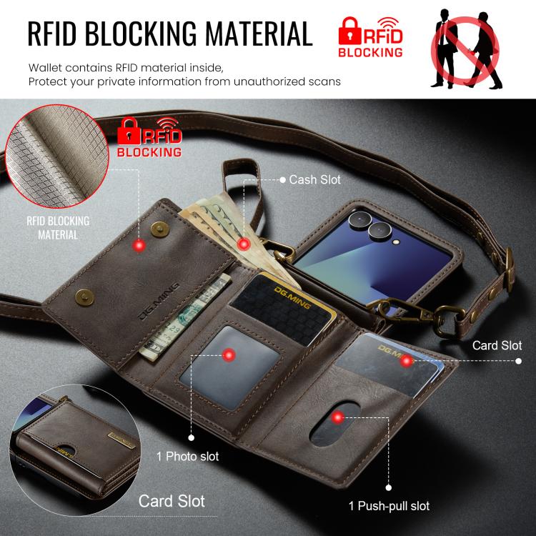 For Samsung Galaxy Z Flip7 5G DG.MING M6 Series RFID Tri-fold Card Bag Removable Leather Phone Case with Long Lanyard