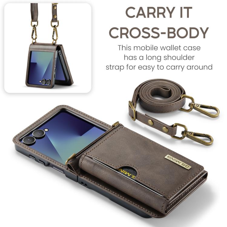 For Samsung Galaxy Z Flip7 5G DG.MING M6 Series RFID Tri-fold Card Bag Removable Leather Phone Case with Long Lanyard