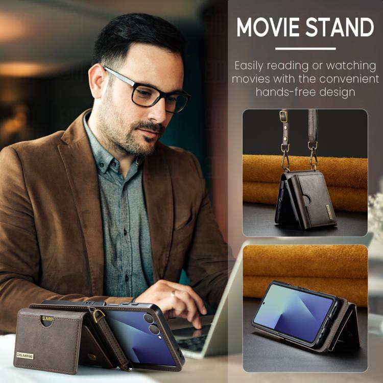 For Samsung Galaxy Z Flip7 5G DG.MING M6 Series RFID Tri-fold Card Bag Removable Leather Phone Case with Long Lanyard