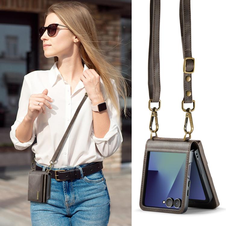 For Samsung Galaxy Z Flip7 5G DG.MING M6 Series RFID Tri-fold Card Bag Removable Leather Phone Case with Long Lanyard