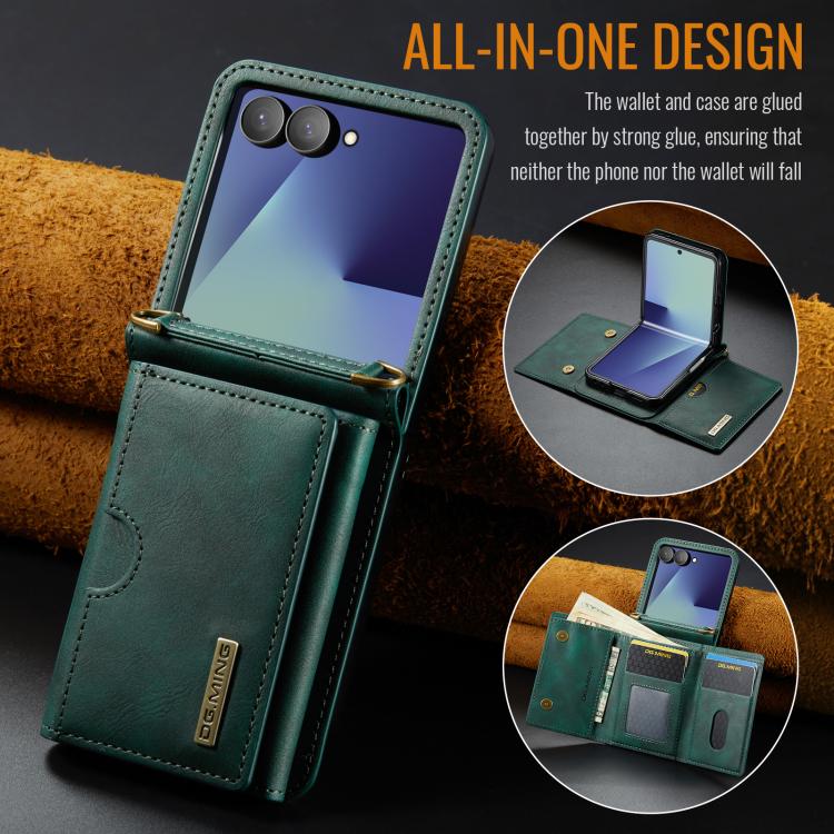 For Samsung Galaxy Z Flip7 5G DG.MING M6 Series RFID Tri-fold Card Bag Removable Leather Phone Case with Long Lanyard