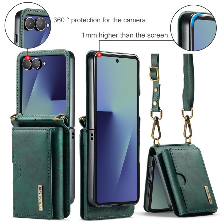 For Samsung Galaxy Z Flip7 5G DG.MING M6 Series RFID Tri-fold Card Bag Removable Leather Phone Case with Long Lanyard