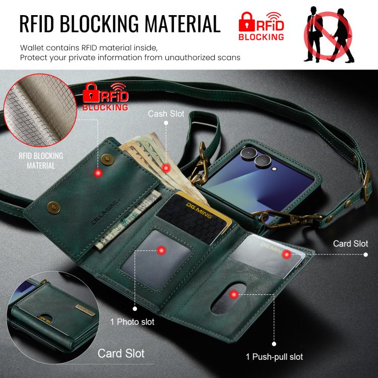 For Samsung Galaxy Z Flip7 5G DG.MING M6 Series RFID Tri-fold Card Bag Removable Leather Phone Case with Long Lanyard