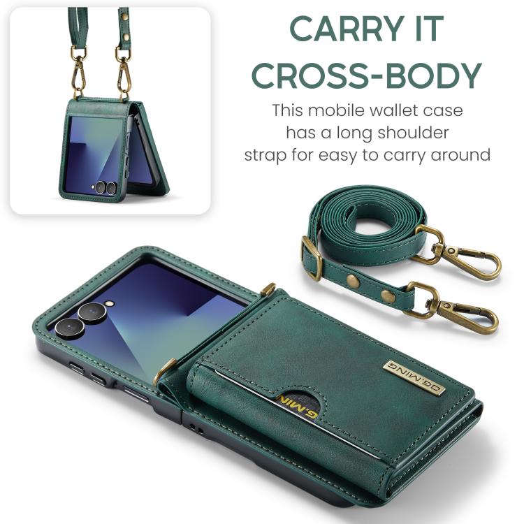 For Samsung Galaxy Z Flip7 5G DG.MING M6 Series RFID Tri-fold Card Bag Removable Leather Phone Case with Long Lanyard