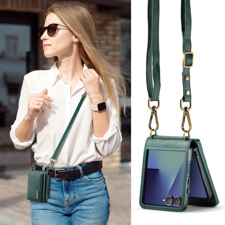 For Samsung Galaxy Z Flip7 5G DG.MING M6 Series RFID Tri-fold Card Bag Removable Leather Phone Case with Long Lanyard