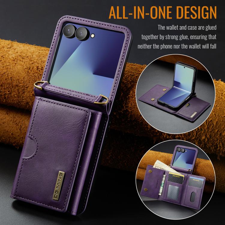 For Samsung Galaxy Z Flip7 5G DG.MING M6 Series RFID Tri-fold Card Bag Removable Leather Phone Case with Long Lanyard