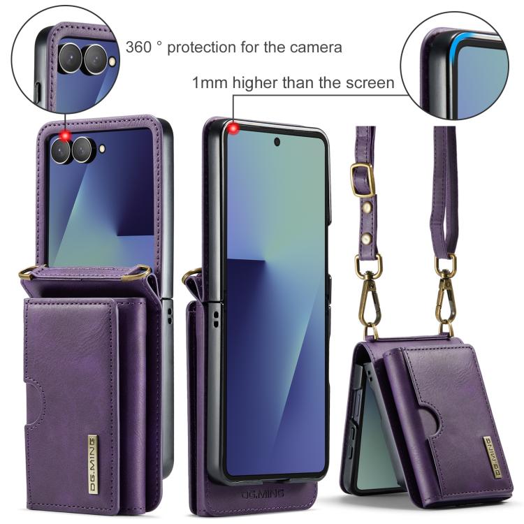For Samsung Galaxy Z Flip7 5G DG.MING M6 Series RFID Tri-fold Card Bag Removable Leather Phone Case with Long Lanyard