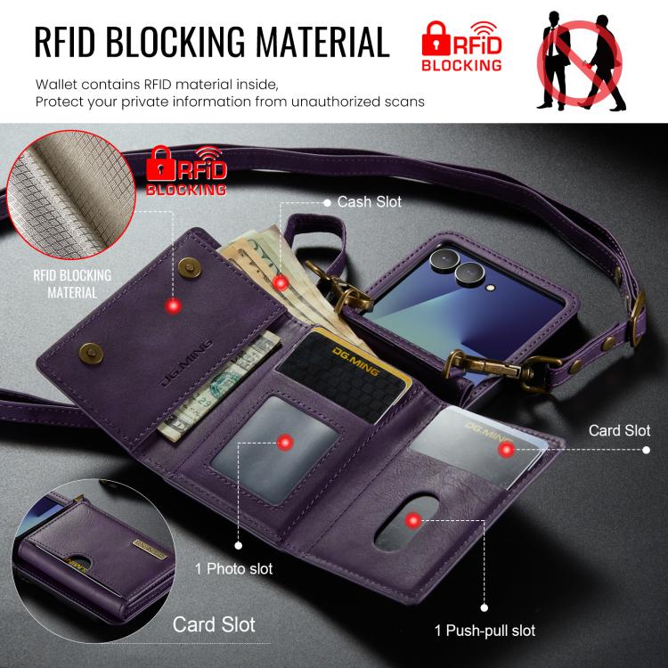 For Samsung Galaxy Z Flip7 5G DG.MING M6 Series RFID Tri-fold Card Bag Removable Leather Phone Case with Long Lanyard