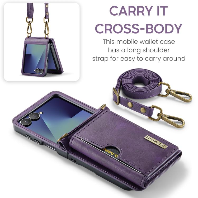 For Samsung Galaxy Z Flip7 5G DG.MING M6 Series RFID Tri-fold Card Bag Removable Leather Phone Case with Long Lanyard