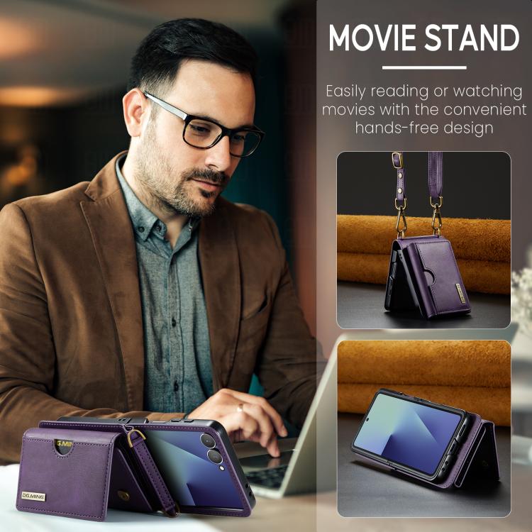 For Samsung Galaxy Z Flip7 5G DG.MING M6 Series RFID Tri-fold Card Bag Removable Leather Phone Case with Long Lanyard