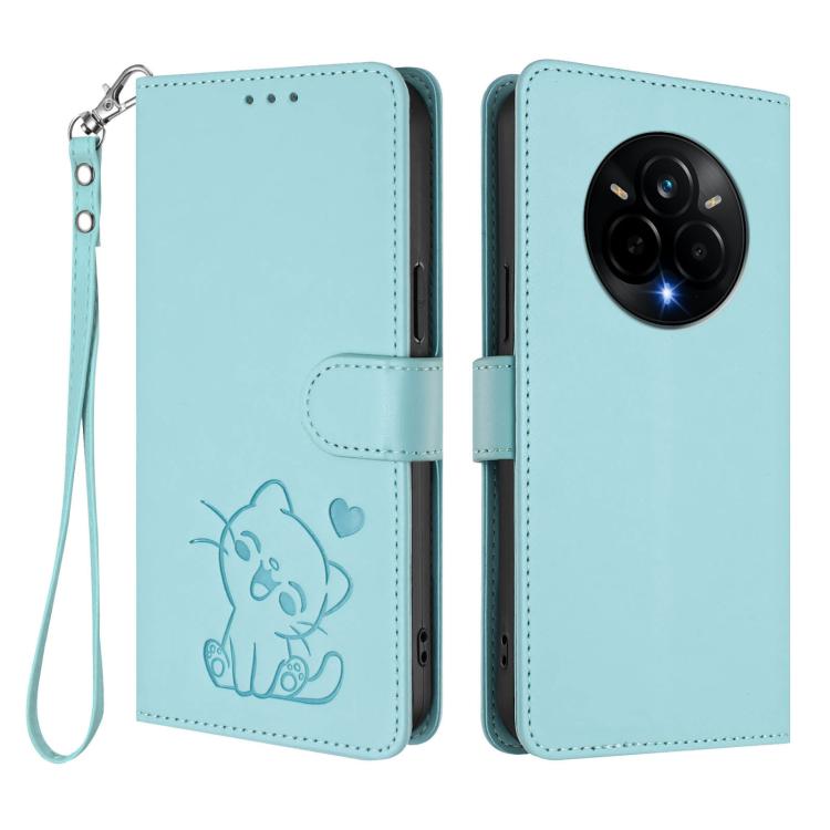 For Realme 14 Pro 5G India Embossed Heart Cat Leather Phone Case with Hand Strap
