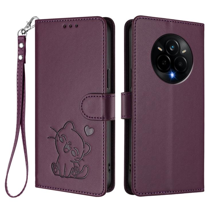 For Realme 14 Pro 5G India Embossed Heart Cat Leather Phone Case with Hand Strap