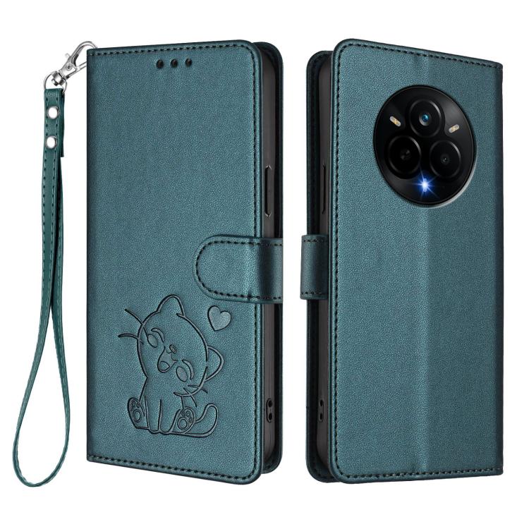 For Realme 14 Pro 5G India Embossed Heart Cat Leather Phone Case with Hand Strap