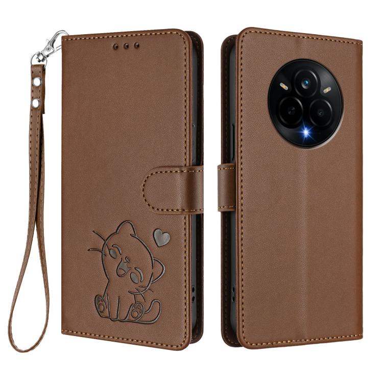 For Realme 14 Pro 5G India Embossed Heart Cat Leather Phone Case with Hand Strap
