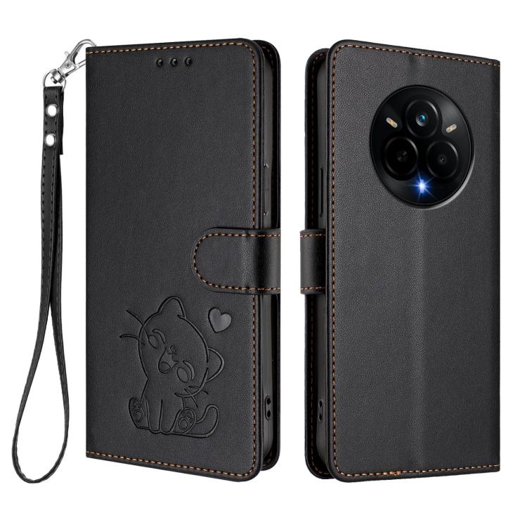For Realme 14 Pro 5G India Embossed Heart Cat Leather Phone Case with Hand Strap