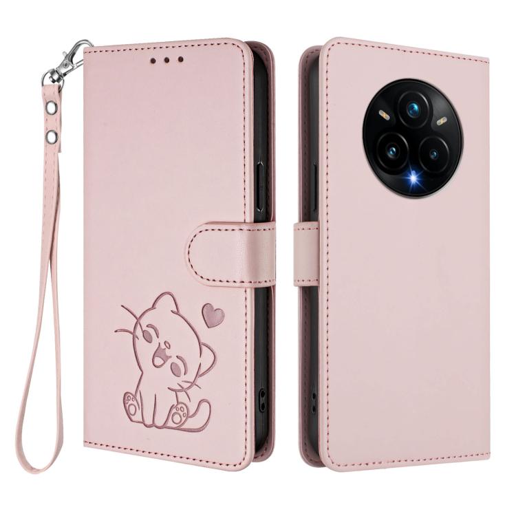 For Realme 14 Pro+ 5G Embossed Heart Cat Leather Phone Case with Hand Strap