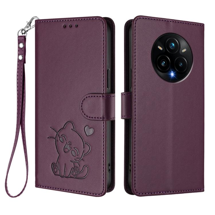 For Realme 14 Pro+ 5G Embossed Heart Cat Leather Phone Case with Hand Strap