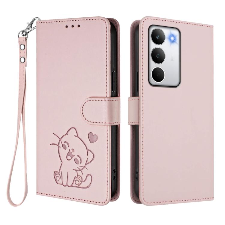 For Realme C71 4G Global Embossed Heart Cat Leather Phone Case with Hand Strap