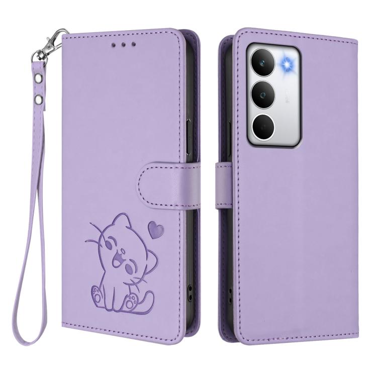 For Realme C71 4G Global Embossed Heart Cat Leather Phone Case with Hand Strap