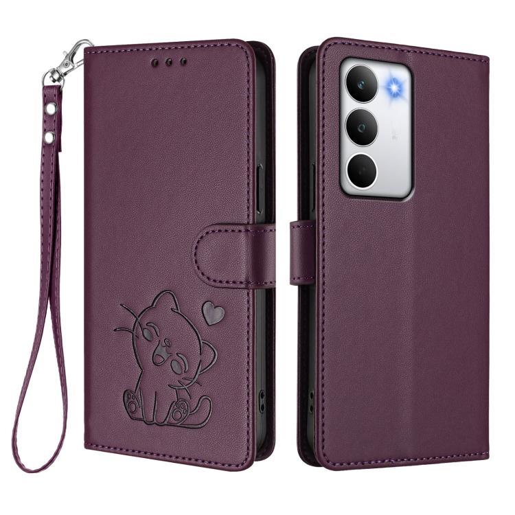 For Realme C71 4G Global Embossed Heart Cat Leather Phone Case with Hand Strap