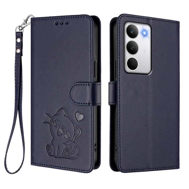 For Realme C71 4G Global Embossed Heart Cat Leather Phone Case with Hand Strap