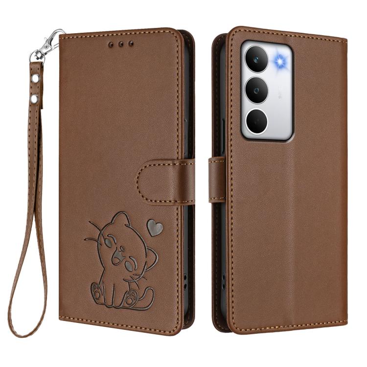 For Realme C71 4G Global Embossed Heart Cat Leather Phone Case with Hand Strap