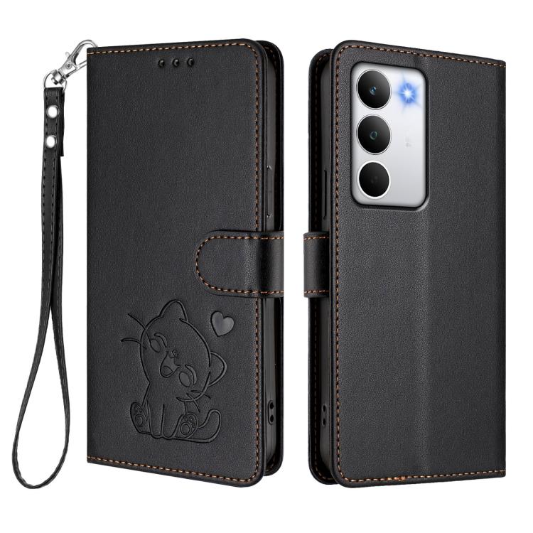 For Realme C71 4G Global Embossed Heart Cat Leather Phone Case with Hand Strap