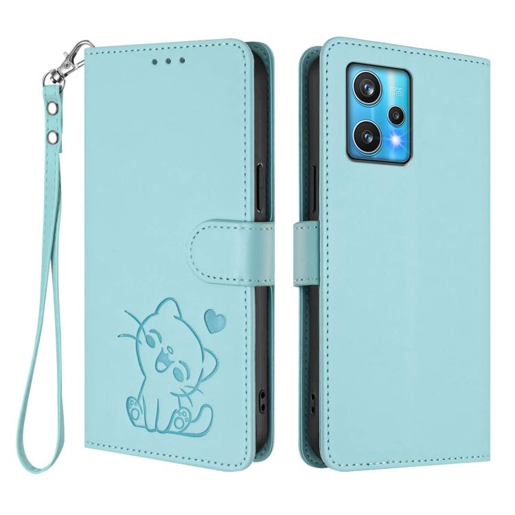 For Realme 9 Pro+ 5G / Narzo 50 Pro 5G Embossed Heart Cat Leather Phone Case with Hand Strap