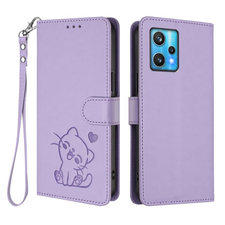 For Realme 9 Pro+ 5G / Narzo 50 Pro 5G Embossed Heart Cat Leather Phone Case with Hand Strap