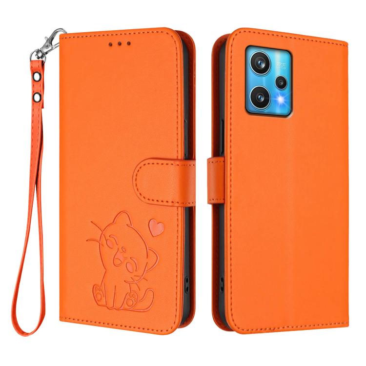For Realme 9 Pro+ 5G / Narzo 50 Pro 5G Embossed Heart Cat Leather Phone Case with Hand Strap